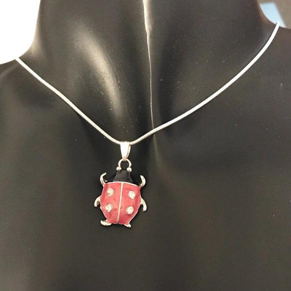 Ladybug Pendant Necklace Crystal Silver Plated 18" Chain Insect Red Enamel - Picture 5 of 12